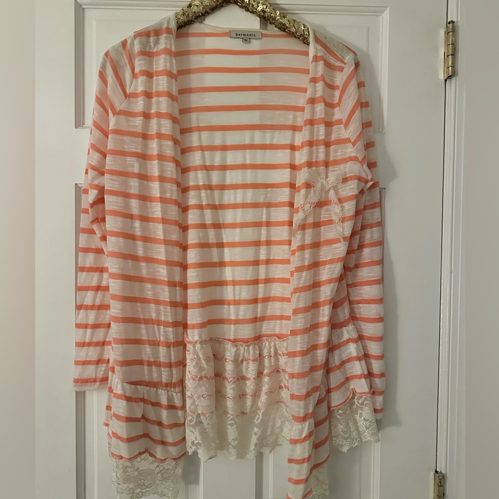 Harmonic White and Peachy Striped Lace Ruffle Open Cardigan